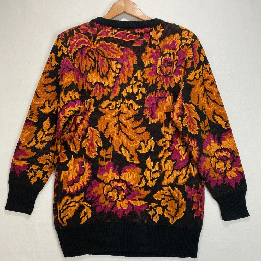 VTG IB Diffusion Floral Knit Sweater Orange Pink Black Women's Size P Fall Winte